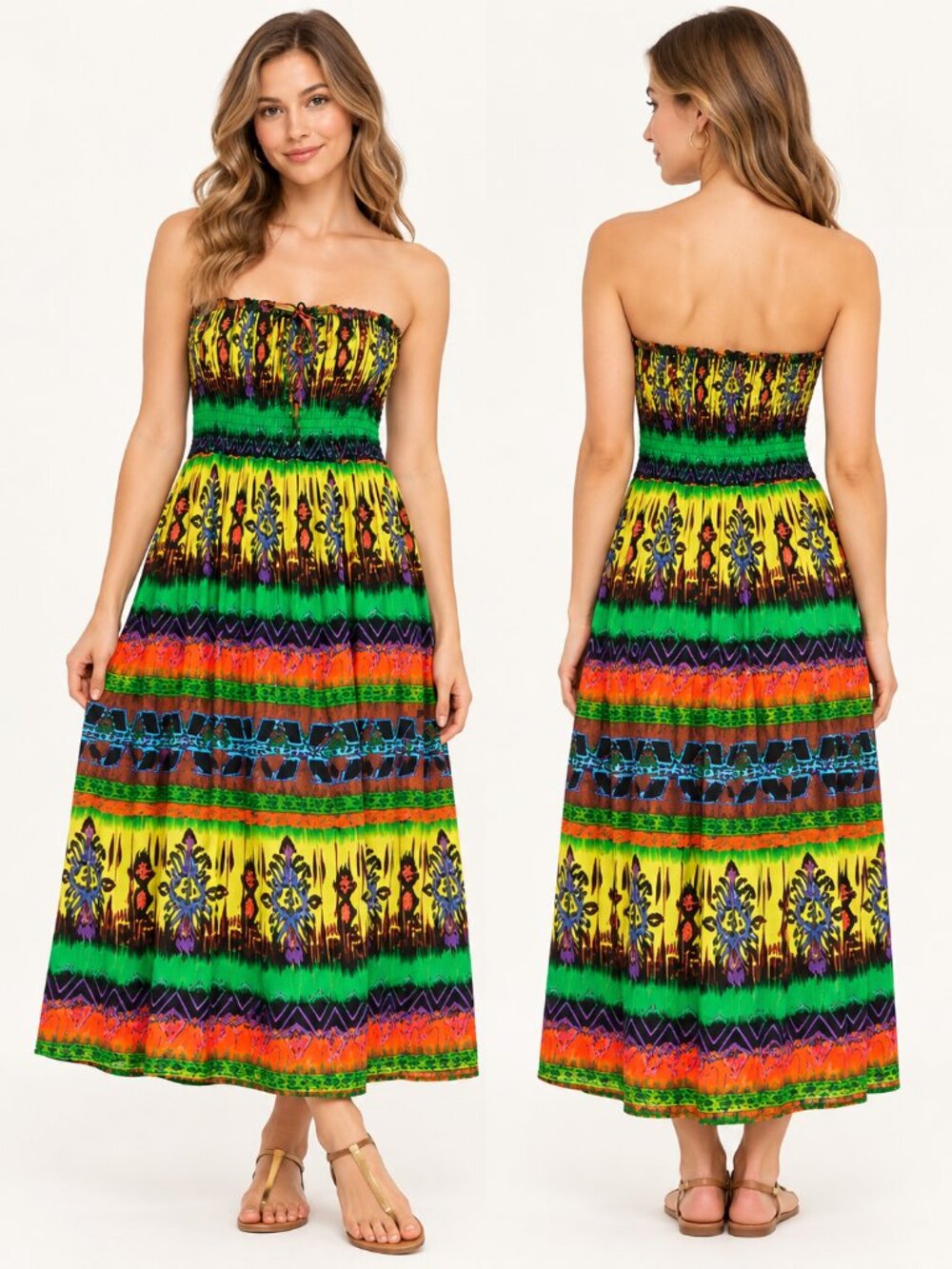 Gold Flava Multicolor Boho Strapless Smocked Maxi Dress Plus Size 22